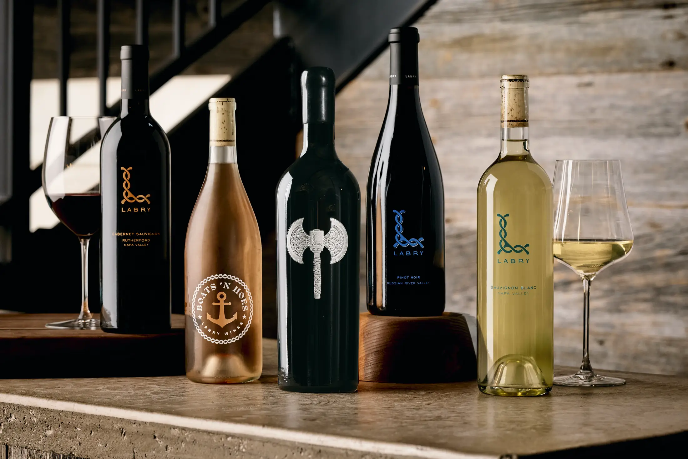 Lineup of Labry wine bottles